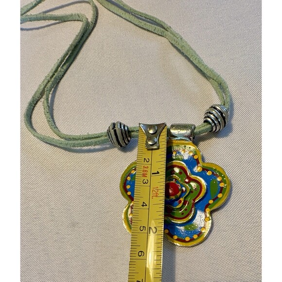 Colorful Enamel Flower Pendant Necklace on Green Cord Boho Retro Festival Jewelr - Picture 7 of 9